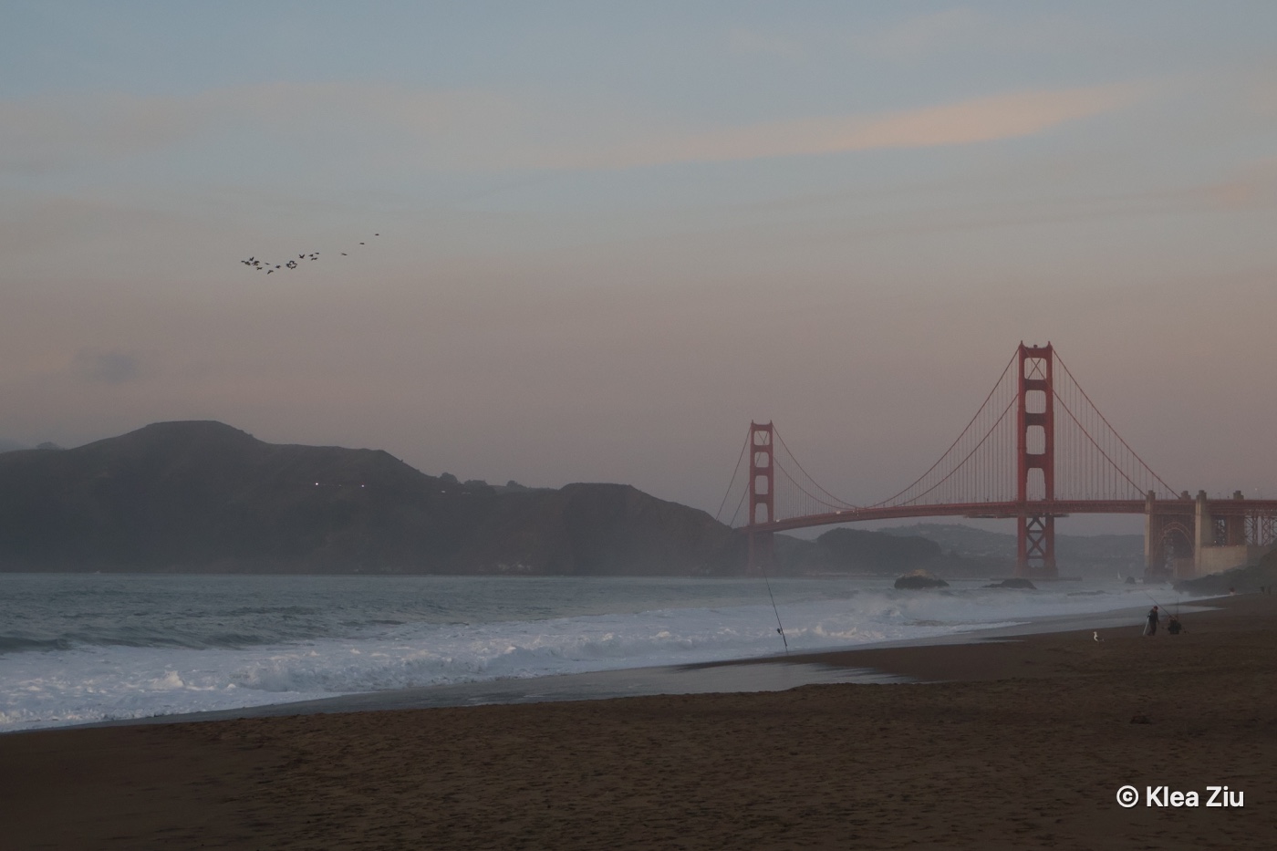 Golden Gate Bridge at dusk from the beach