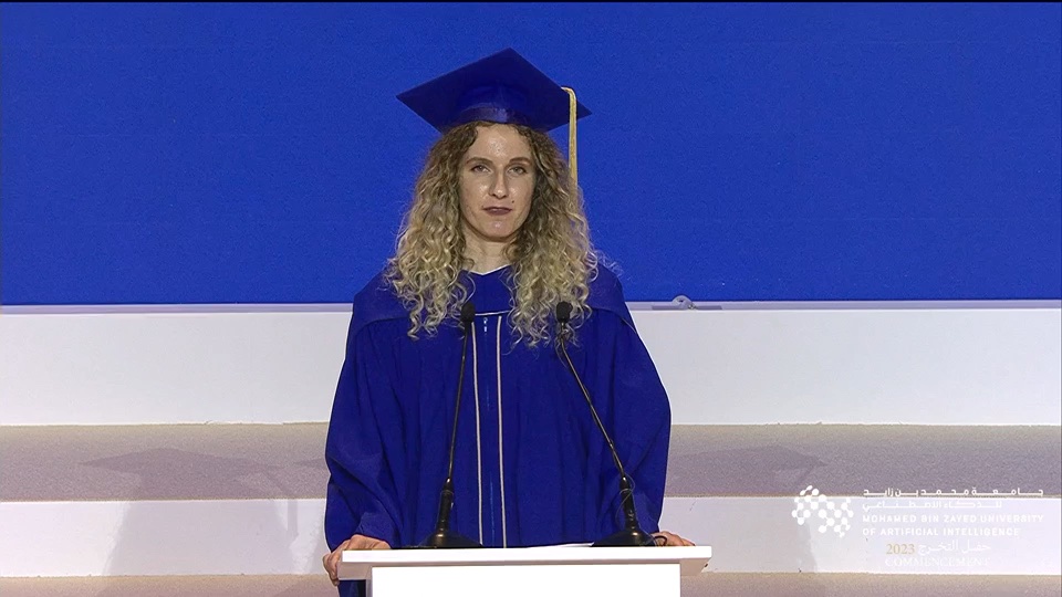 Klea Ziu delivering the Class of 2023 valedictorian address at MBZUAI